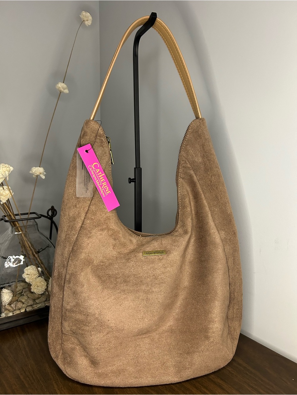 NWT Catherine Malandrino Taupe Suede Hobo Shoulder Bag